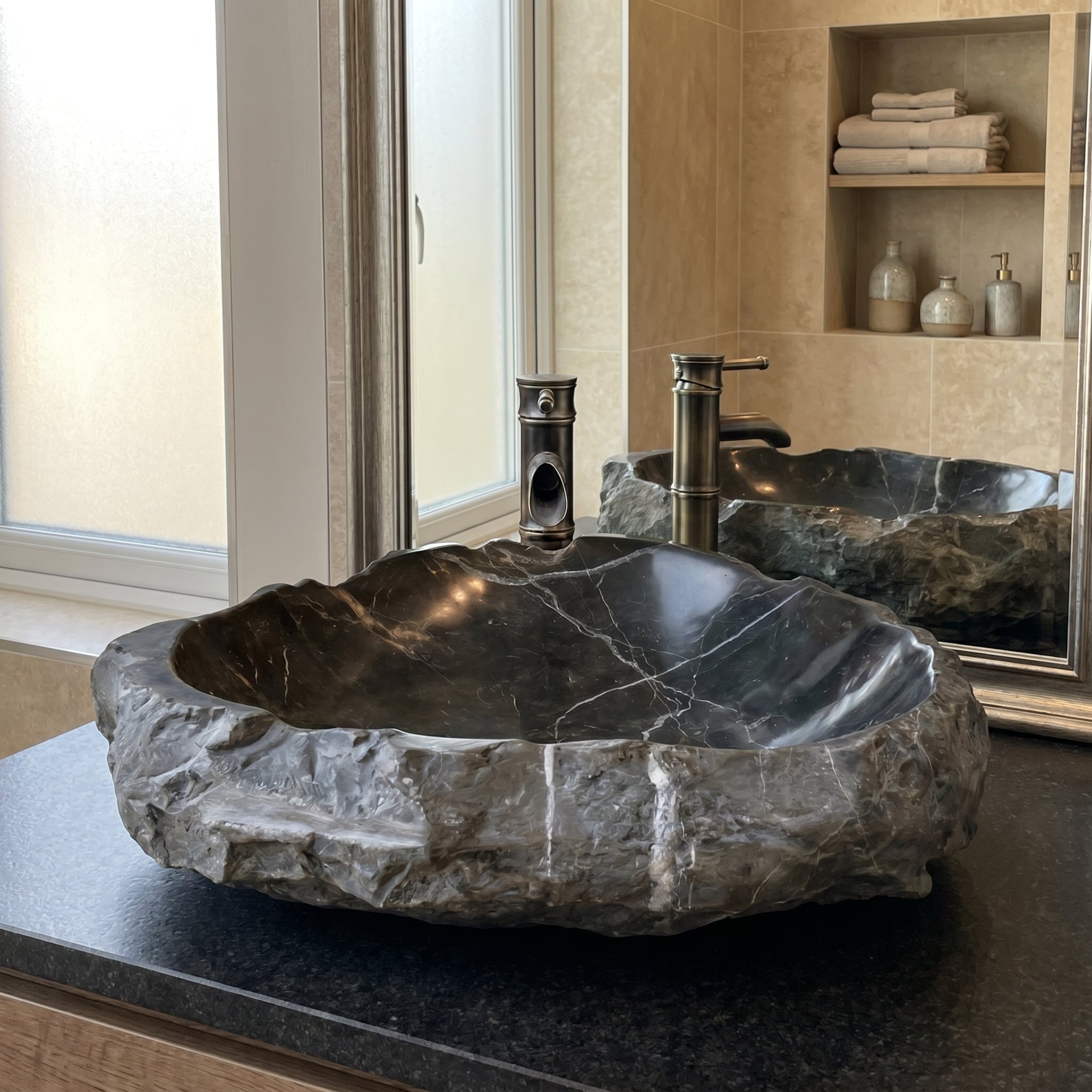 Toros Black Marble Natural Stone Vessel Sink (W)31" (L)23" (H)6"