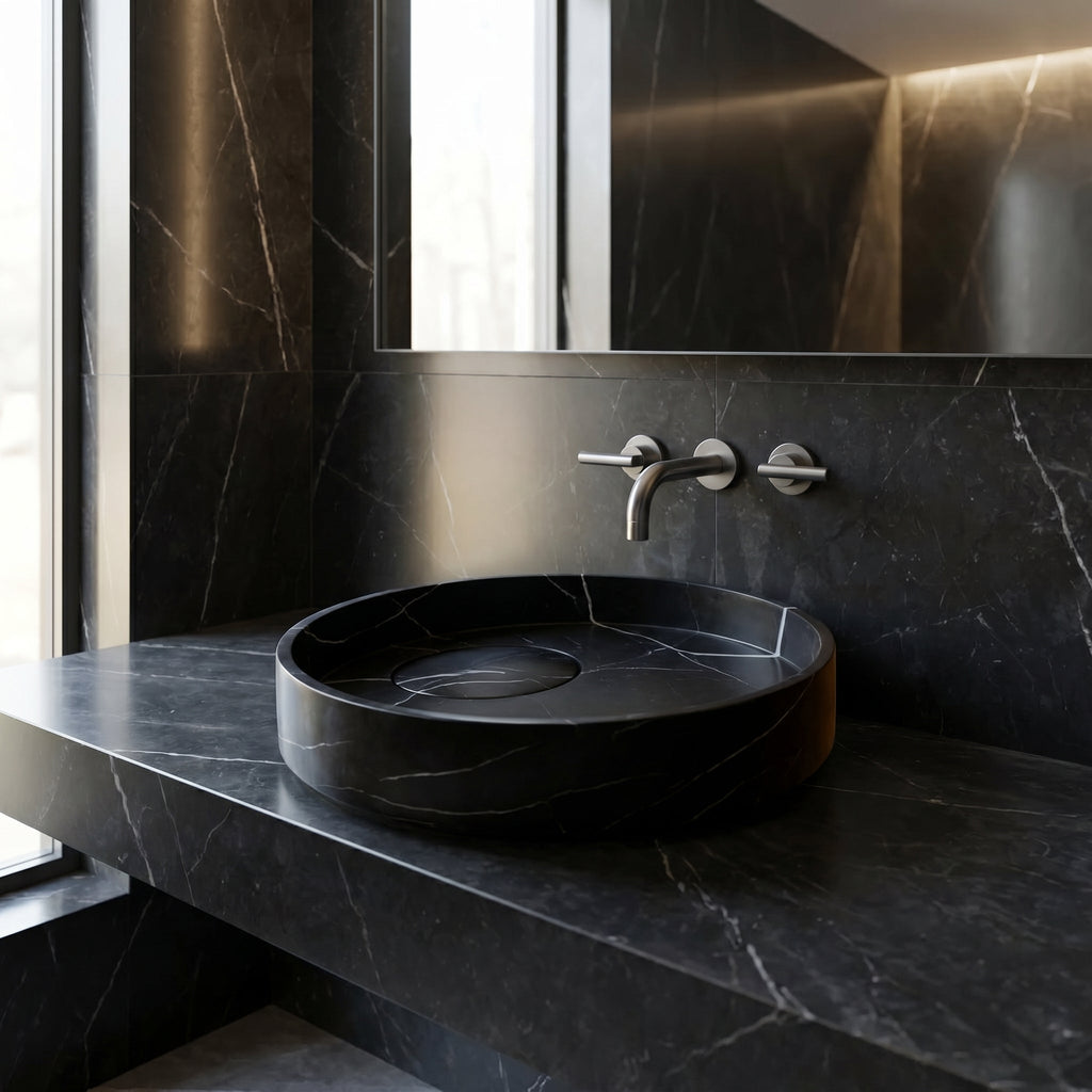 Toros Black Natural Stone Marble Artistic Vessel Sink Polished (D)17.5" (H)6"