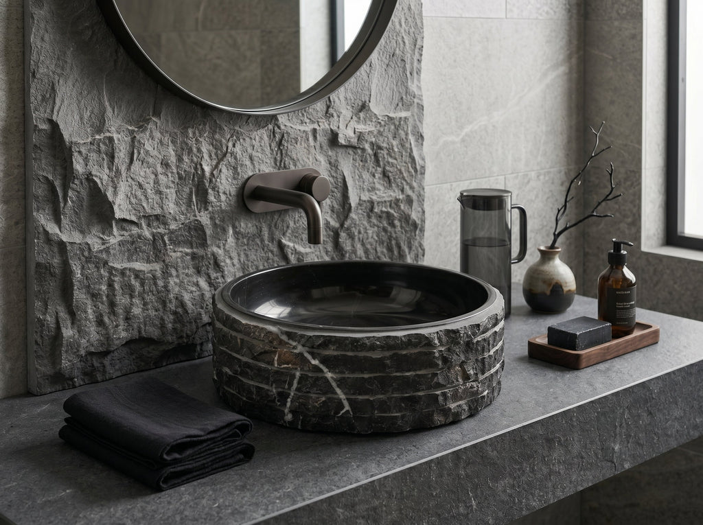 Toros Black Marble Vessel Bathroom Sink Bowl Polished Interior and Combed/Rough Exterior (D)16" (H)5"