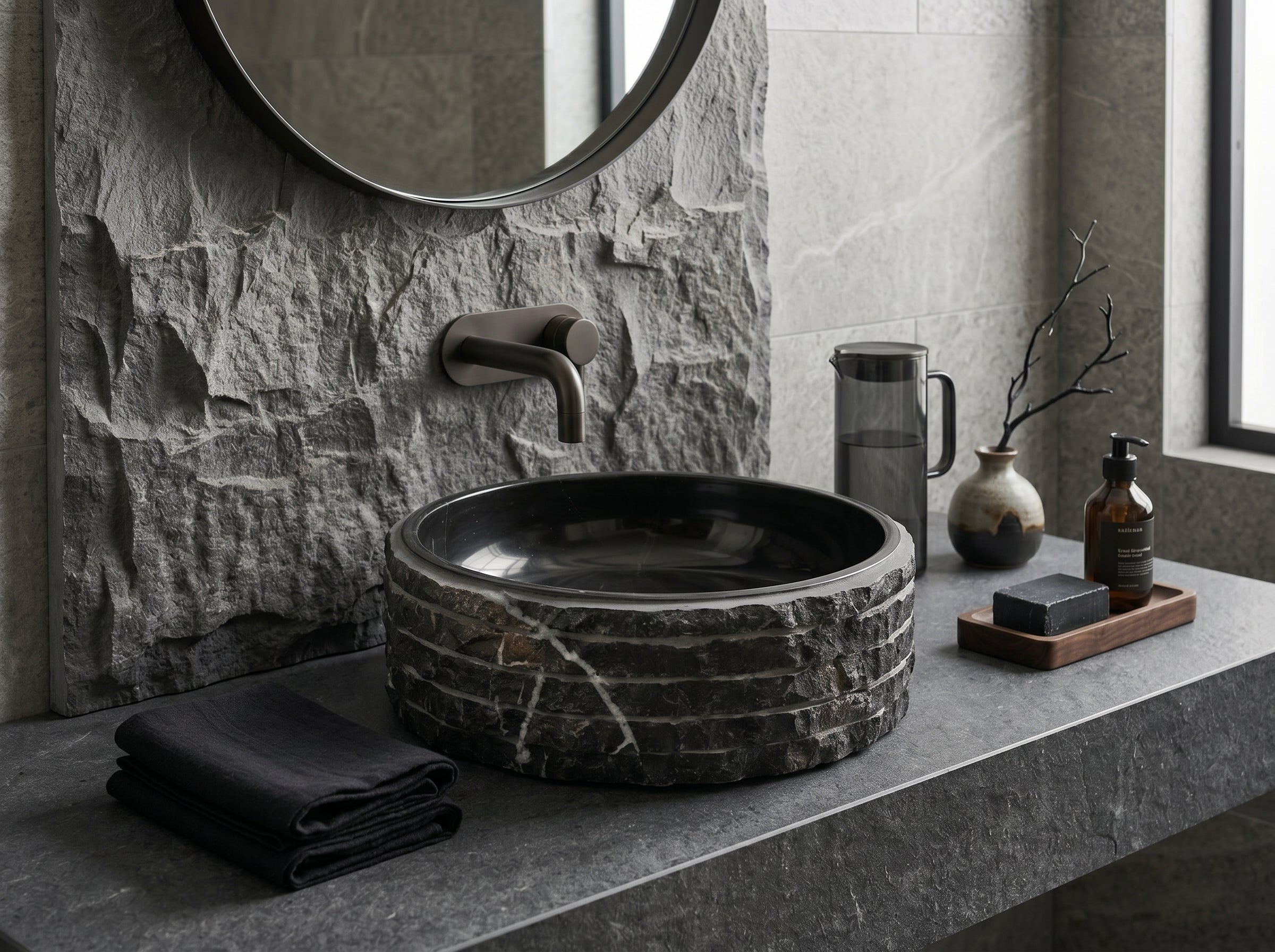Toros Black Marble Vessel Bathroom Sink Bowl Polished Interior and Combed/Rough Exterior (D)16" (H)5"