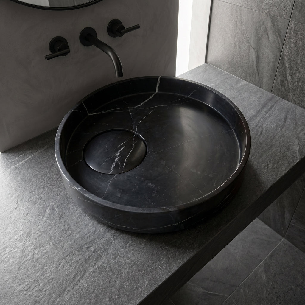Toros Black Natural Stone Marble Artistic Vessel Sink Polished (D)17.5" (H)6"