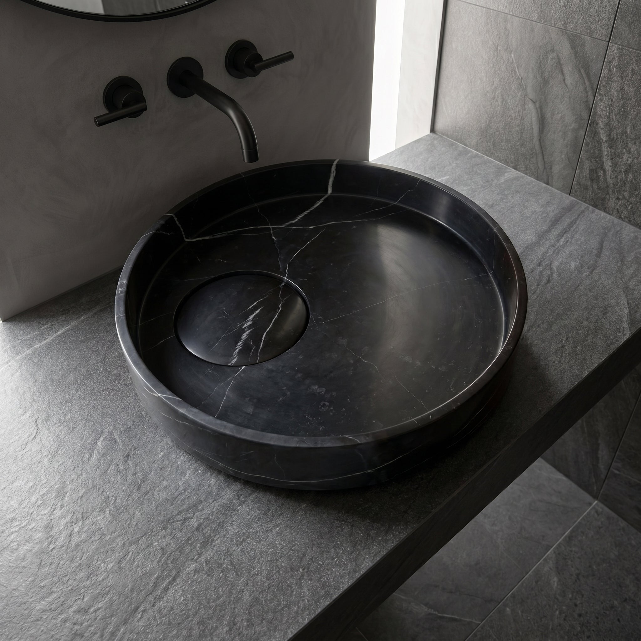 Toros Black Natural Stone Marble Artistic Vessel Sink Polished (D)17.5" (H)6"