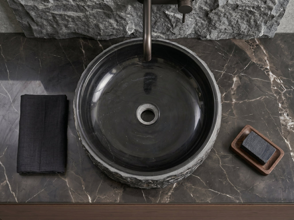 Toros Black Marble Vessel Bathroom Sink Bowl Polished Interior and Combed/Rough Exterior (D)16" (H)5"