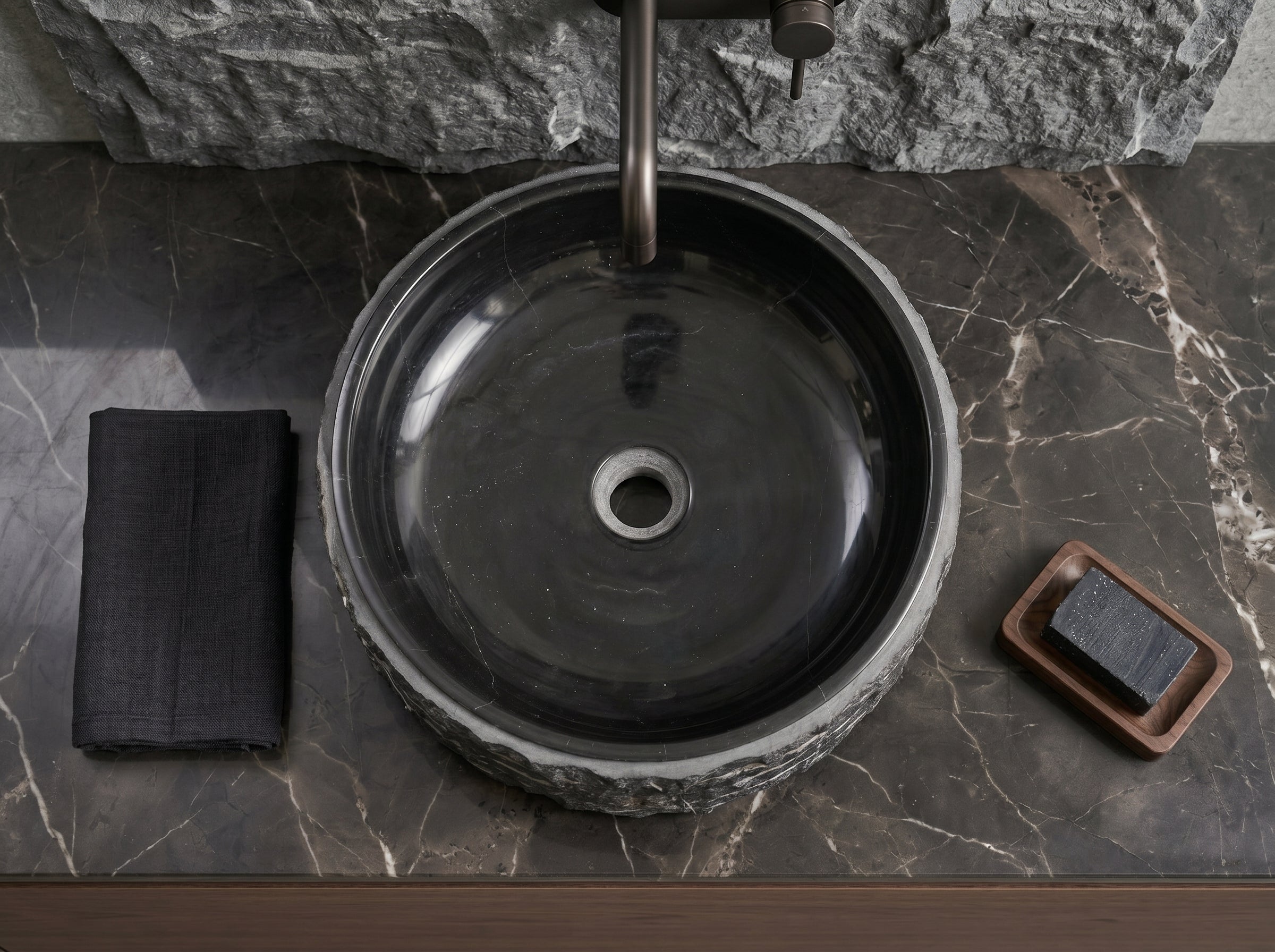 Toros Black Marble Vessel Bathroom Sink Bowl Polished Interior and Combed/Rough Exterior (D)16" (H)5"