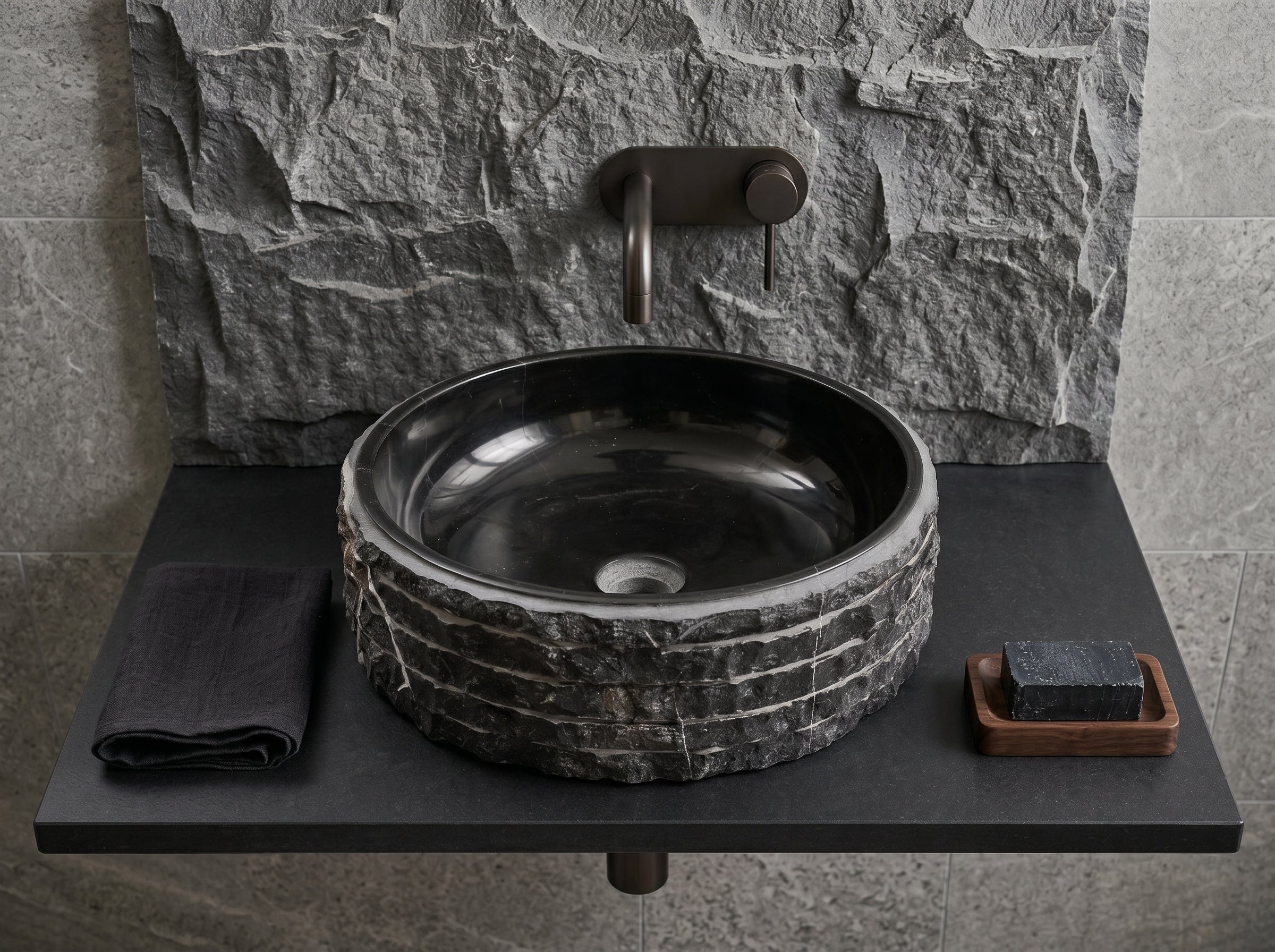 Toros Black Marble Vessel Bathroom Sink Bowl Polished Interior and Combed/Rough Exterior (D)16" (H)5"