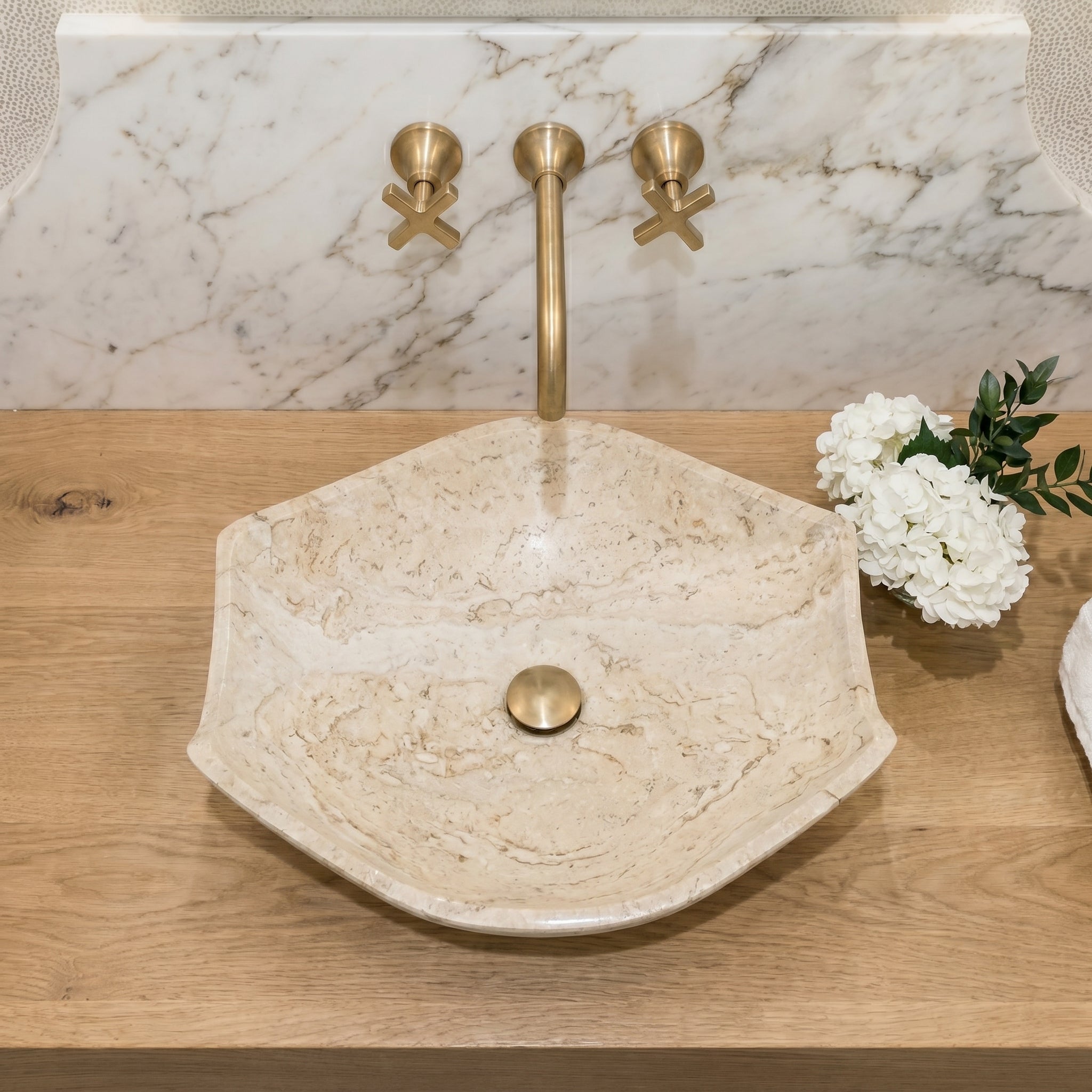Natural Polished Stone Vessel Travertine Sink  (W)20" (L)12.5" (H)4.5"