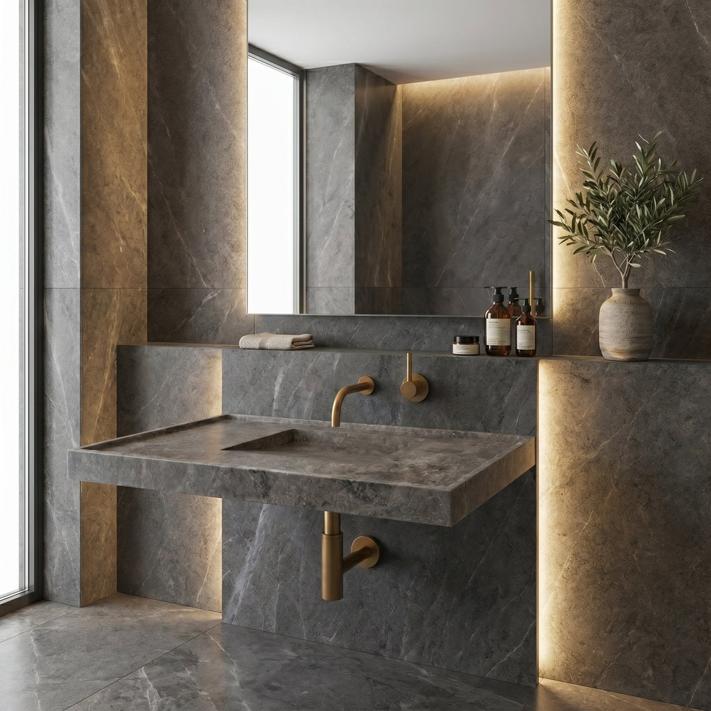 Tundra Grey Marble Rectangular Wall-mount Bathroom Sink Hidden Drain (W)20" (L)48" (H)5"