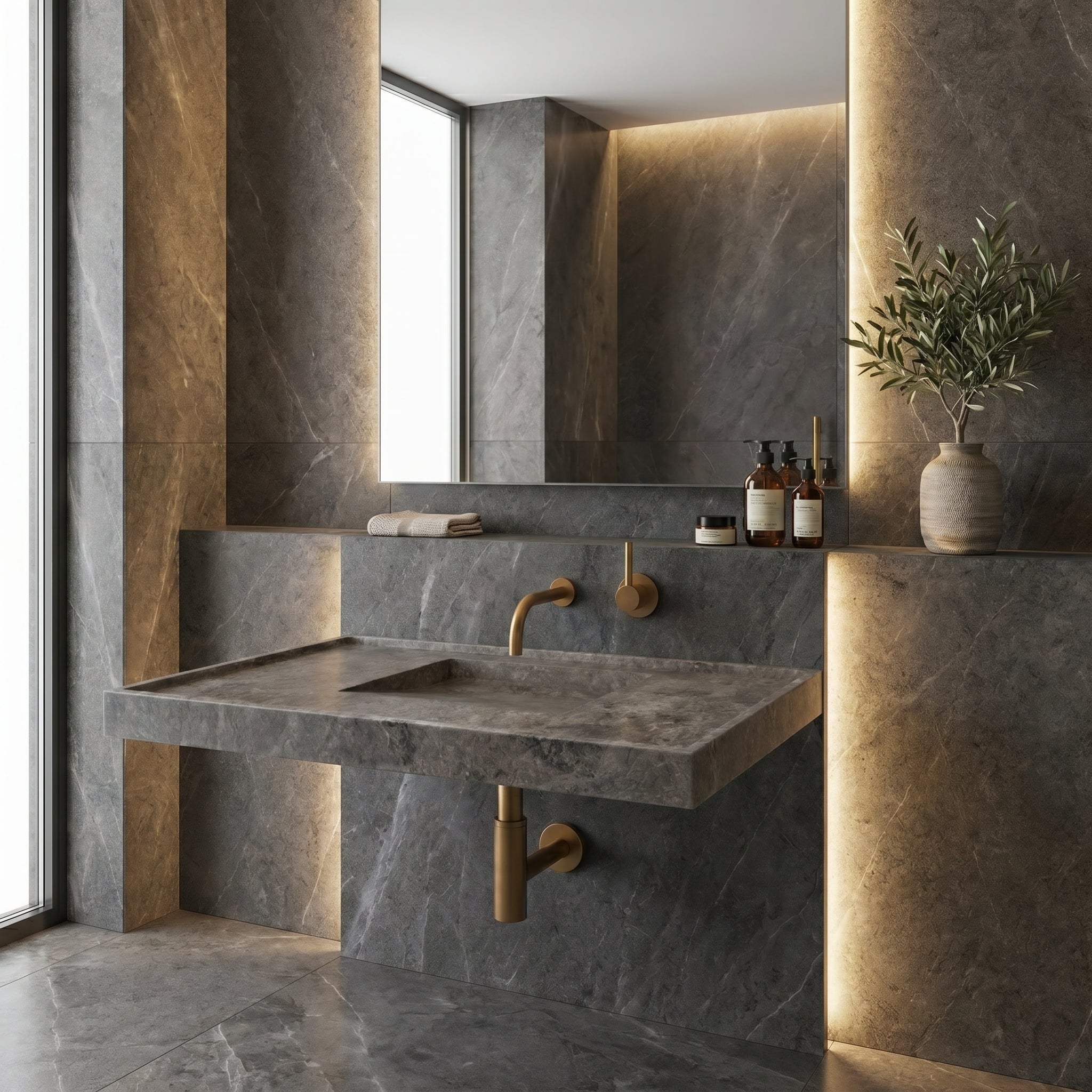 Tundra Grey Marble Rectangular Wall-mount Bathroom Sink Hidden Drain (W)20" (L)48" (H)5"