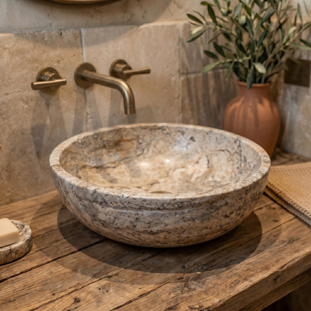 Valencia Beige Travertine Natural Stone Vessel Sink Filled and Polished (D)16" (H)6"