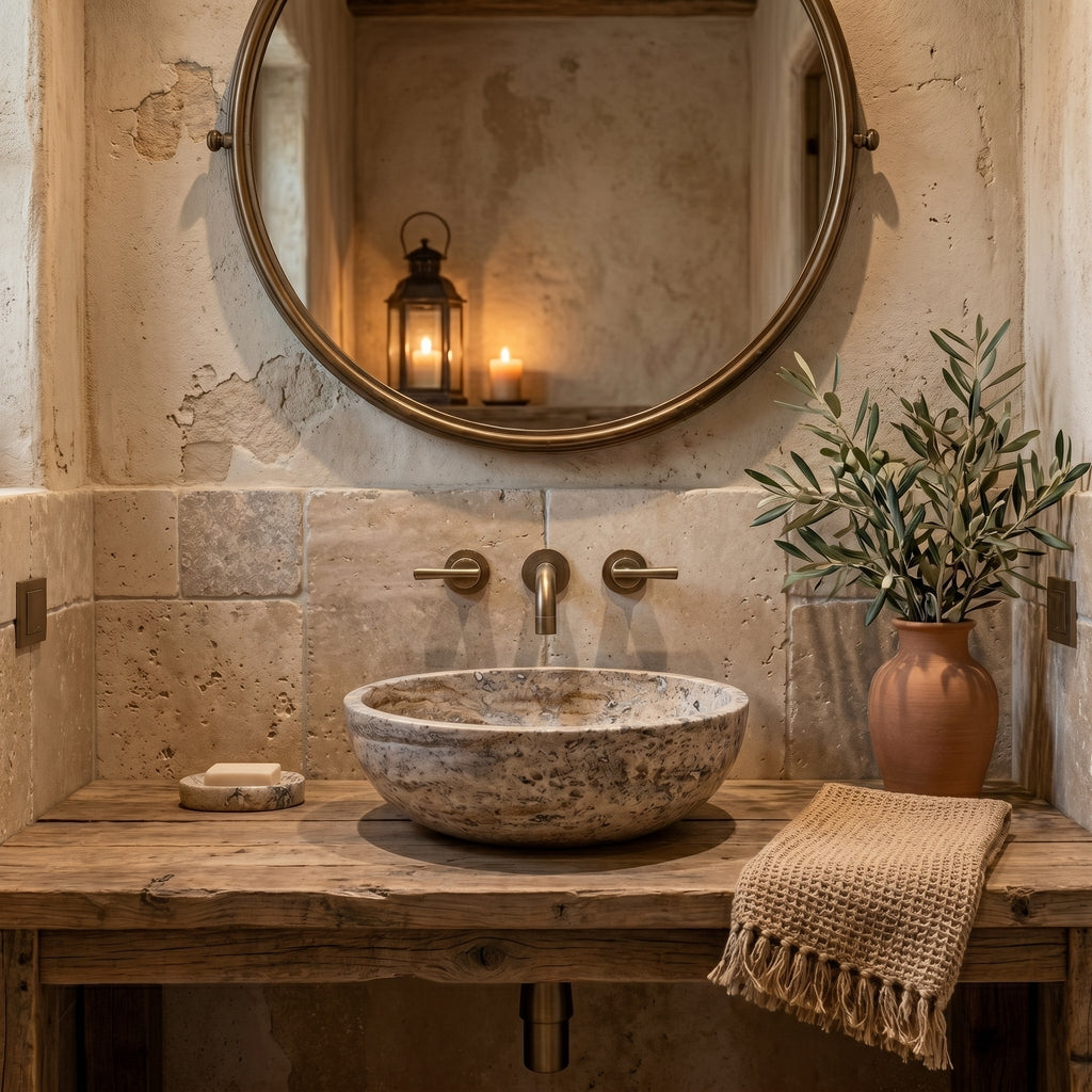 Valencia Beige Travertine Natural Stone Vessel Sink Filled and Polished (D)16" (H)6"