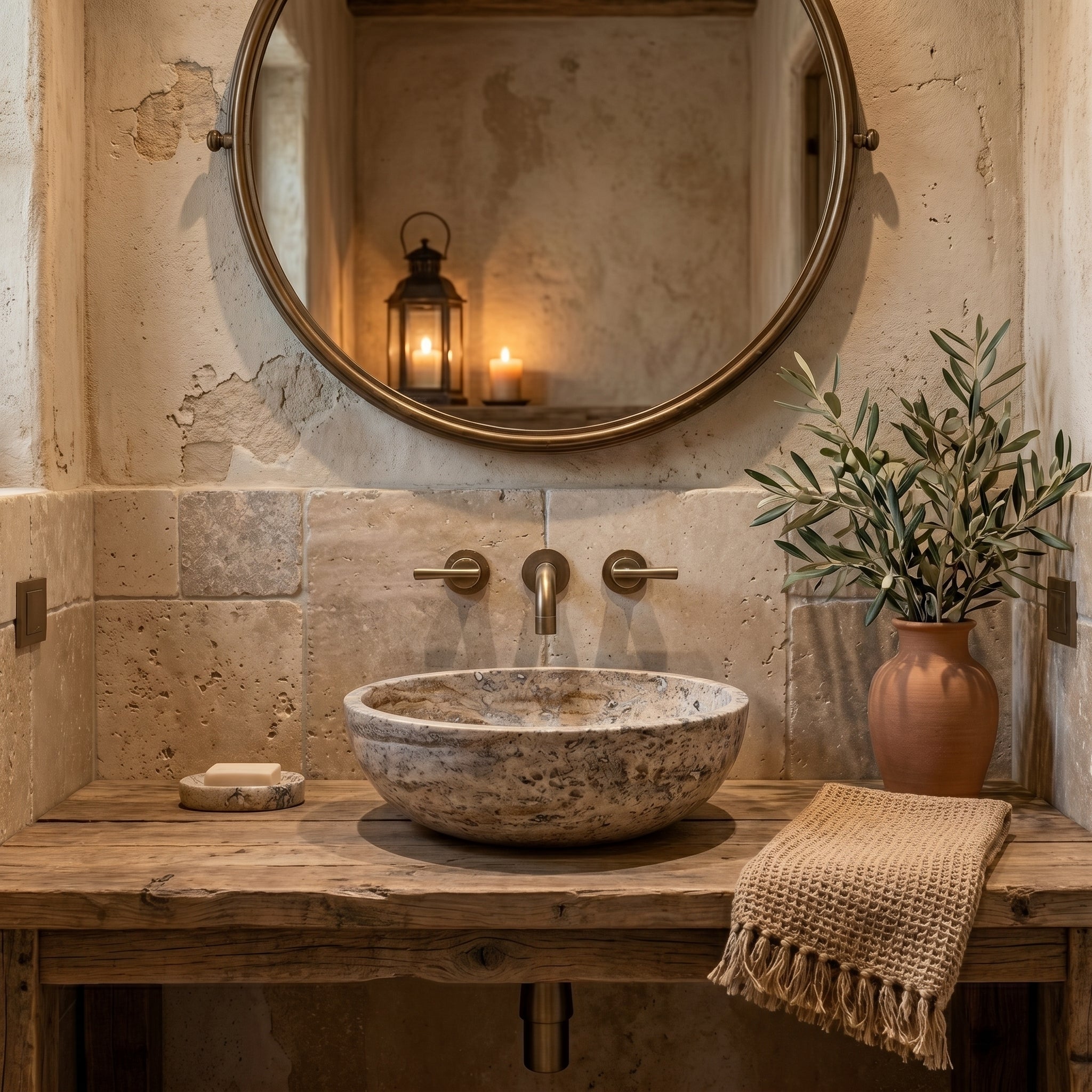 Valencia Beige Travertine Natural Stone Vessel Sink Filled and Polished (D)16" (H)6"