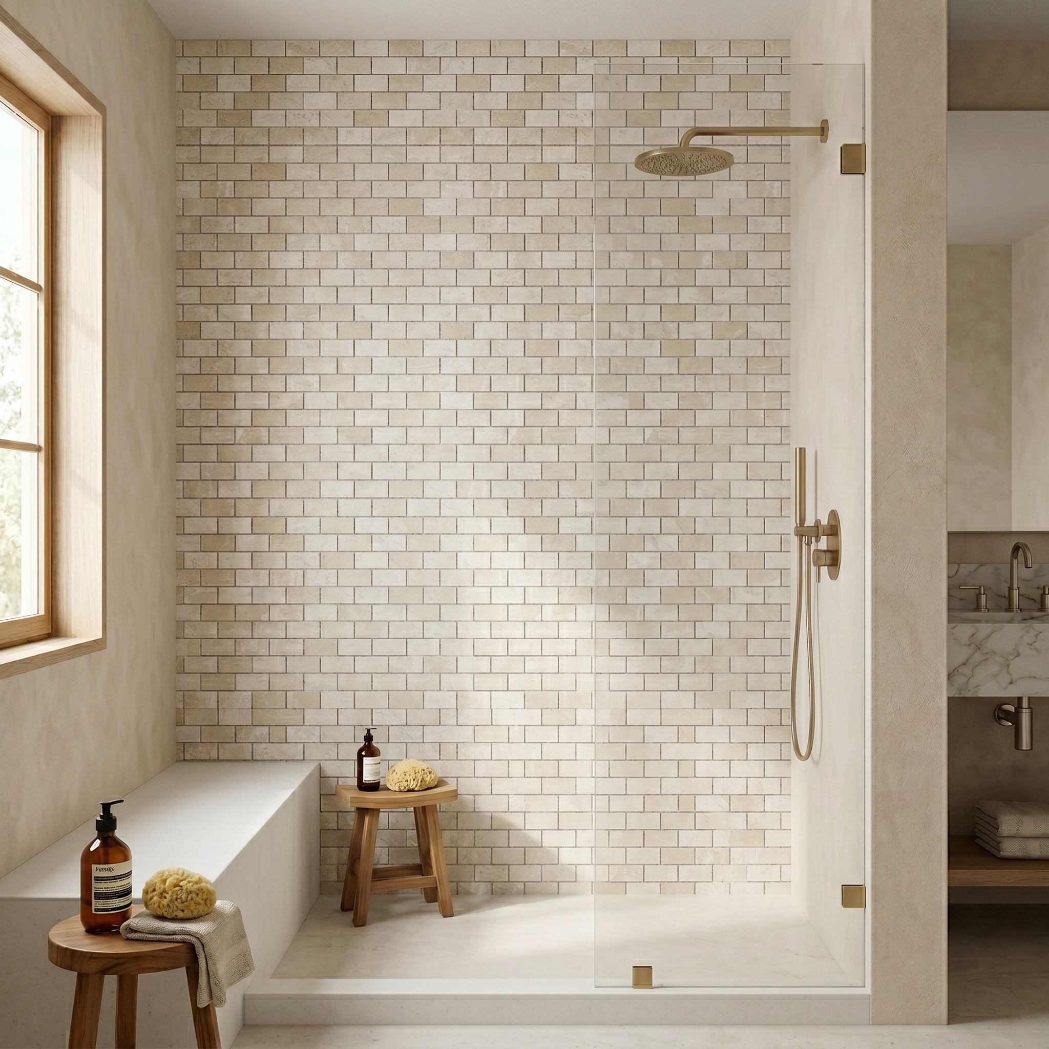 Vanilla Beige Marble 2"x4" Brick Honed on 12" x 12" Mesh Mosaic Tile