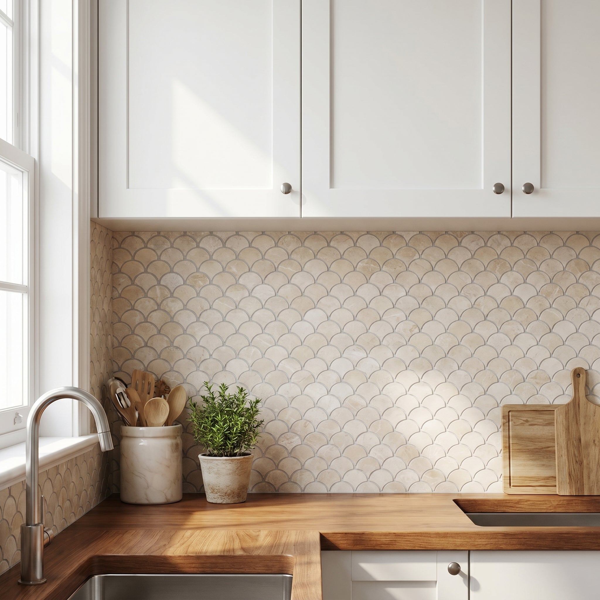 Vanilla Beige Marble Laguna on 12" x 12" Mesh Mosaic Tile