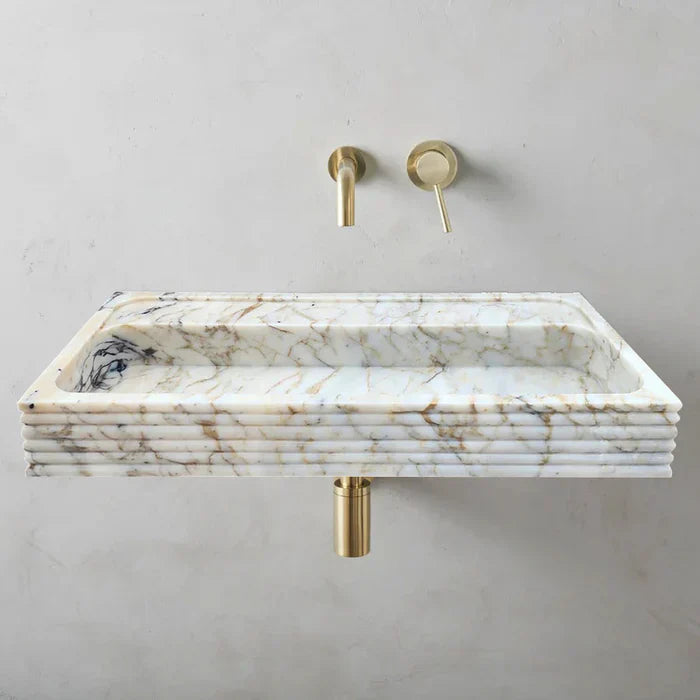 Calacatta Viola Gold Marble Handcrafted Floating Bathroom Sink – Luxury Horizontal Fluted (W)16" (L)36"